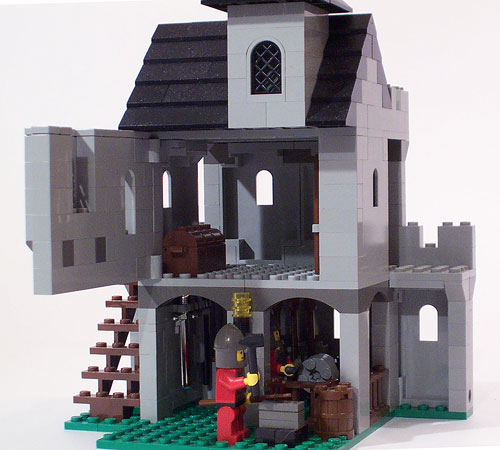 The model is designed to fit with the modular classic LEGO sets. The second floor wall swings away to reveal the interior of the guardhouse.